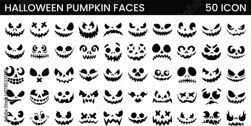 Set of Halloween pumpkins faces. Vector illustration.