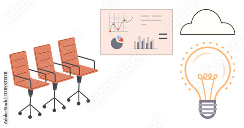 Three office chairs face a chart with data analysis visuals, a cloud for digital tech, and a glowing light bulb symbolizing ideas. Ideal for business strategy, innovation, teamwork, meetings
