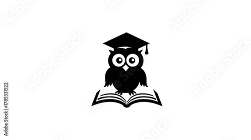 Wise owl wearing a graduation cap sitting on an open book. Education, knowledge, learning, and academic wisdom concept.