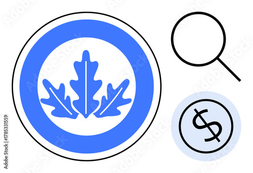 Blue leaf emblem, magnifying glass, and dollar sign reflect eco-friendly economy, growth, finance, sustainability, analysis, investment and market dynamics. Ideal for growth ecology economy