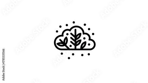 Minimalist nature cloud icon with leaves and scattered elements. Organic growth, environment, weather, and eco-friendly vector graphic.