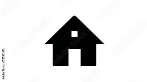 Simple black house icon with a small window and door on a white background, representing home, property, or real estate.