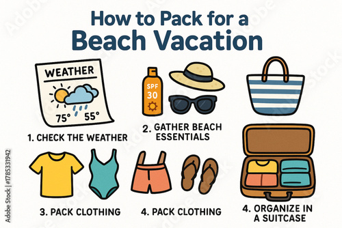 Illustrated Beach Vacation Packing Guide with Step-by-Step Icons