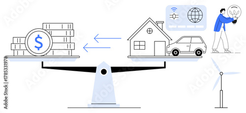 Scales balancing money and assets, including house, car, renewable energy sources, and a person innovating. Ideal for finance, energy, sustainability, innovation investment modern living