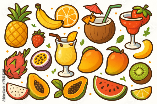 Colorful Tropical Fruits and Exotic Drinks Illustration