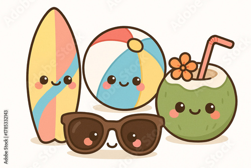 Kawaii Summer Icons Featuring Surfboard, Beach Ball, Coconut Drink, and Sunglasses