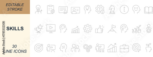 
Skills icon set with minimal line art designs of learning, training, knowledge, achievement, growth, strategy, and intelligence. Perfect for apps, web, education, and UI projects. Editable stroke. 