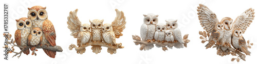 Charming owl families perched on branches, symbolizing wisdom and togetherness – perfect for adding a touch of nature-inspired elegance to your creative projects