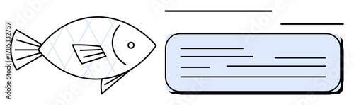 Fish outline next to a rectangular text box, symbolizing marine life communication or messages. Ideal for sustainability, ecology, aquaculture, education, biodiversity, conservation, simple flat
