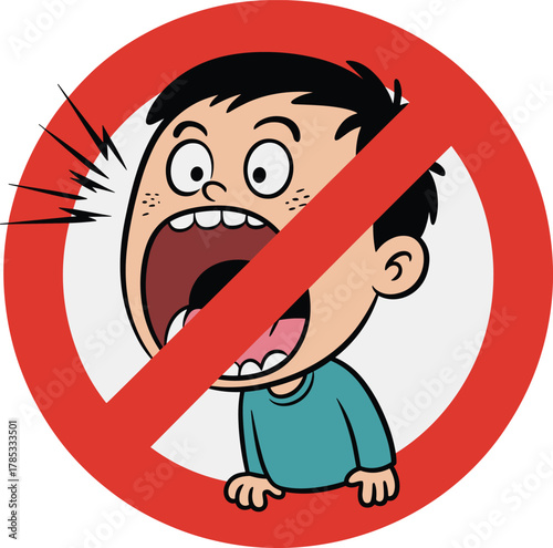 Cartoon no shouting sign, prohibition symbol over yelling child with open mouth and loud expression, vector illustration, isolated design