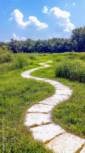 A winding stone path meanders through a vibrant green meadow, leading towards a dense line of trees under a clear blue sky dotted with clouds.