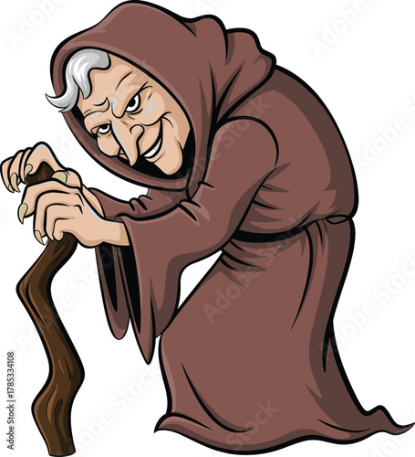 Cartoon old wizard character, hunched elder in brown robe with cane and sly expression, vector illustration, fantasy mystical theme