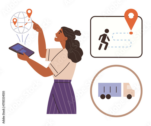 Woman using tablet to oversee shipping logistics, global map with location pins, route tracking, delivery truck. Ideal for logistics, delivery, supply chain, technology, business transportation