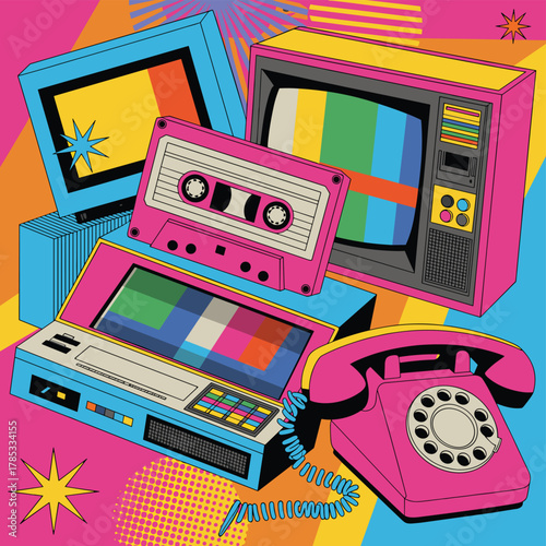 Colorful 80s Media Electronics Pile with Television and Cassette