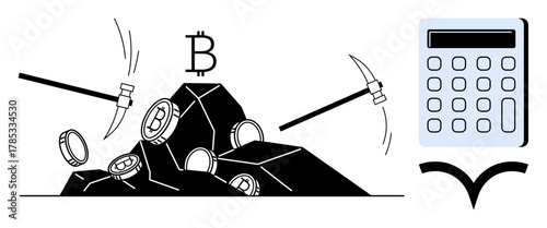 Pickaxes extracting Bitcoin coins from rock, accompanied by a calculator. Ideal for cryptocurrency, blockchain, digital economy, mining, financial analysis, technology investment concepts. Simple