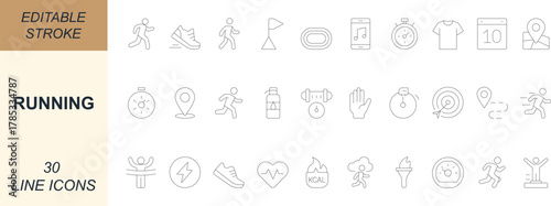 Running icon set. With minimal line art designs of jogging, marathon, sprint, stopwatch, pace, track, and fitness. Perfect for apps, web, health, sports, and UI projects. Editable stroke. 