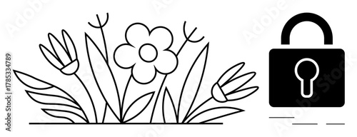 Flowers blooming beside a secure lock, combining nature and technology themes. Ideal for data protection, eco-security, sustainability, harmony, privacy, balance and trust concepts. Simple flat