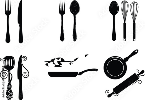 Black and white kitchen utensil vector illustration set including spoon, fork, knife, whisk, frying pan, and rolling pin designs