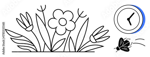 Blooming flower garden with buzzing insect and clock symbolizing time, growth, and productivity. Ideal for nature, environment, time management, ecology, life cycles, mindfulness sustainability