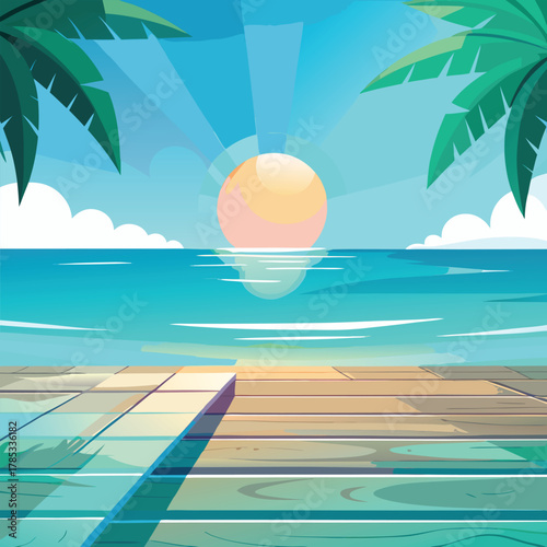 Tropical Beach Sunrise Over Wooden Pier and Palm Trees