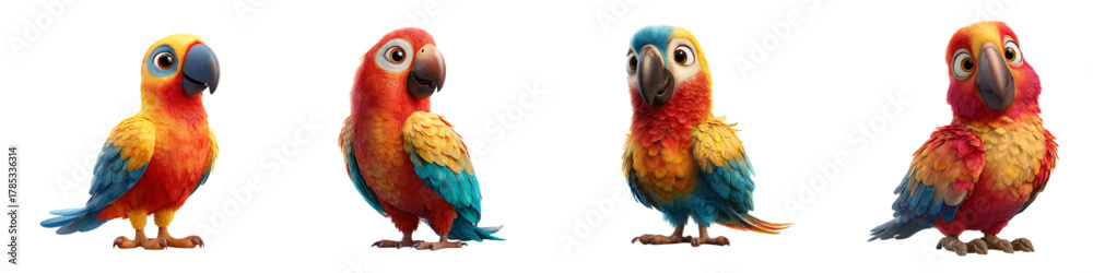 Obraz premium Adorable cartoon parrots with vibrant plumage, perfect for children's books or cheerful designs, bringing a touch of tropical charm and playful energy to any project
