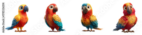 Adorable cartoon parrots with vibrant plumage, perfect for children's books or cheerful designs, bringing a touch of tropical charm and playful energy to any project