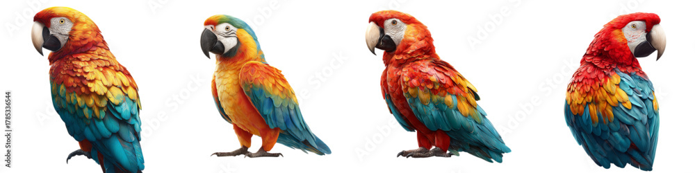 Obraz premium Vibrant collection of colorful macaw parrots, brilliantly plumaged tropical birds in stunning detail showcasing exotic wildlife, perfect for nature and animal themes