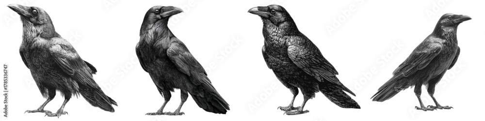Fototapeta premium Eerie flock of ravens in monochrome, perfect for Halloween graphics or gothic designs, adding a touch of mystery and intrigue to your creative projects