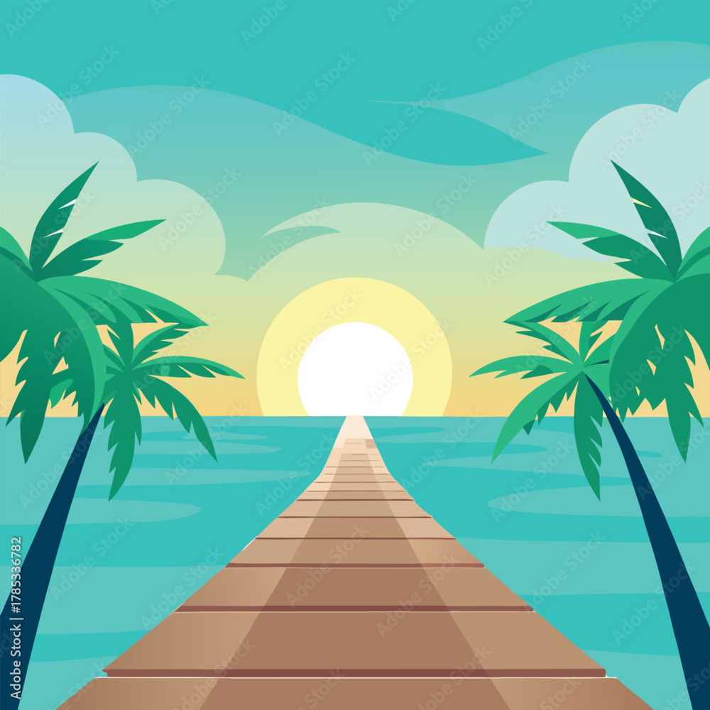 Fototapeta premium Tropical Pier Leading to a Bright Sun Over the Ocean