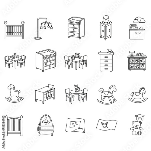 baby furniture icons outlined drawings of a nursery with cots rocking horses changing tables and tables for use in designs for childrens stores