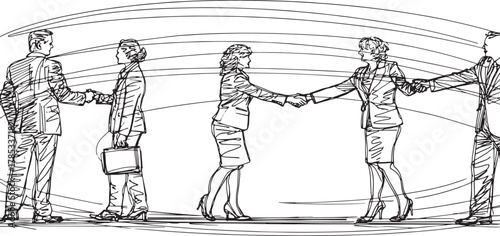 Abstract line art of business people shaking hands, continuous outline, teamwork concept, clean minimal style, white background,