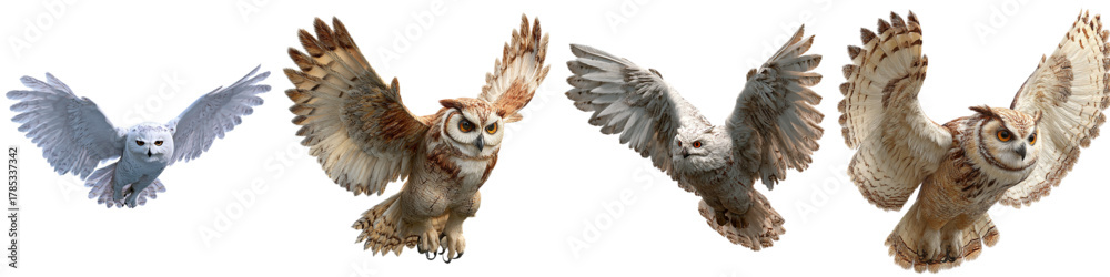Naklejka premium Majestic owls soaring in flight, a symbol of wisdom and freedom, perfect for nature documentaries, educational materials, and wildlife conservation campaigns