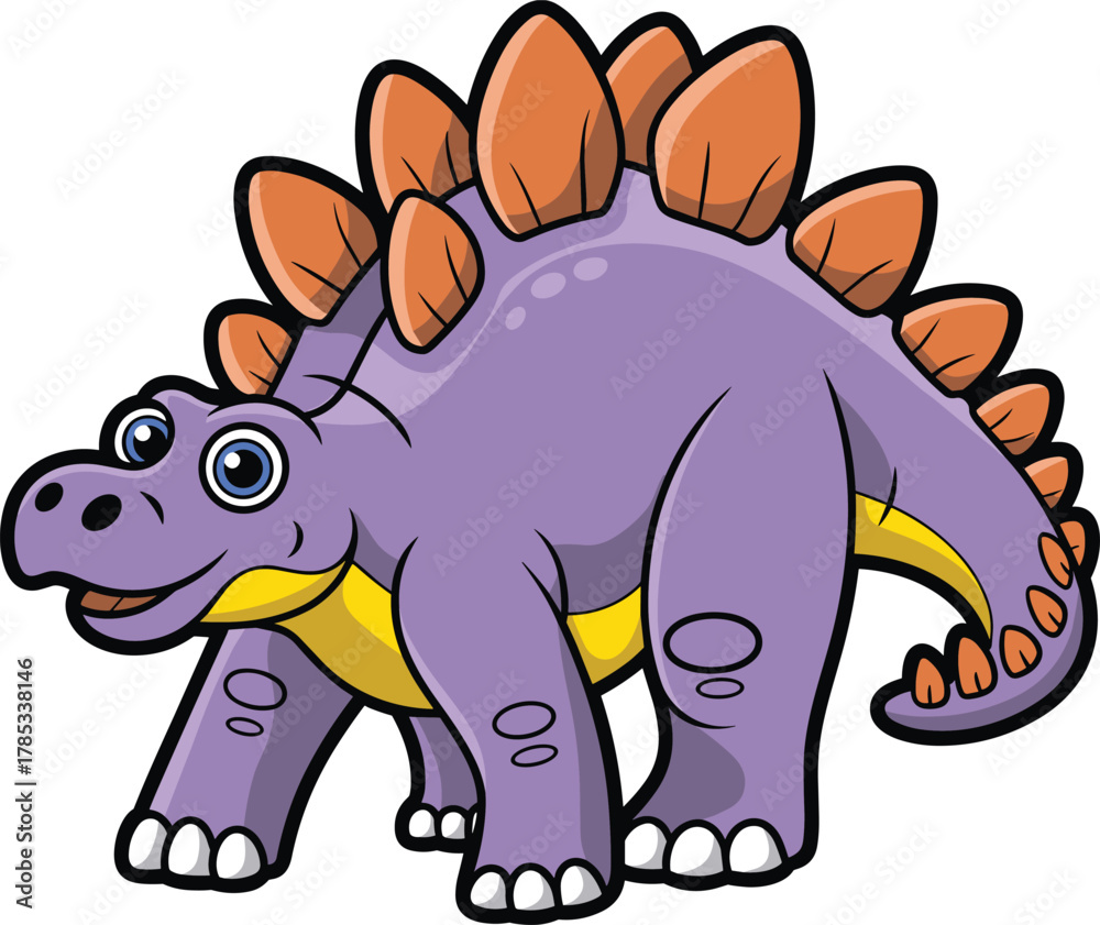 Obraz premium Cartoon purple dinosaur with orange plates, smiling stegosaurus character, friendly prehistoric animal, kids illustration, educational, fun, colorful design