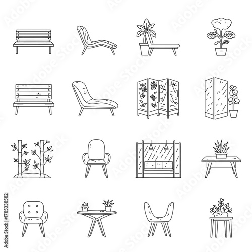 furniture illustration collection featuring chairs benches tables and plants adding a modern touch to interior design and perfect for architectural mockups.