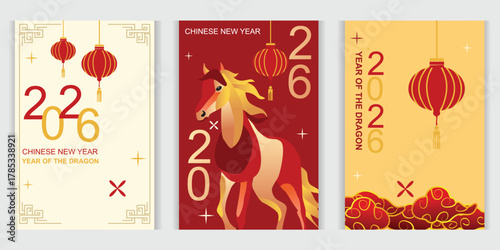 Festive Chinese New Year 2026 vector design featuring traditional lanterns and auspicious symbols, perfect for greeting cards and social media.
