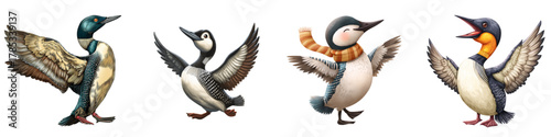 Whimsical loon cartoon collection, cheerful birds in playful poses, perfect for children's illustrations and nature-themed designs, fun avian characters with delightful expressions