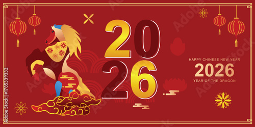 Festive Chinese New Year 2026 vector design featuring traditional lanterns and auspicious symbols, perfect for greeting cards and social media.