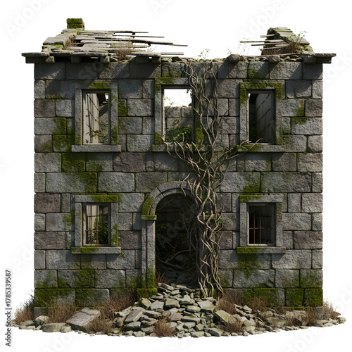 A dilapidated abandoned building in the city with broken windows and crumbling walls, urban decay and neglected architecture, post-apocalyptic scene isolated on transparent background