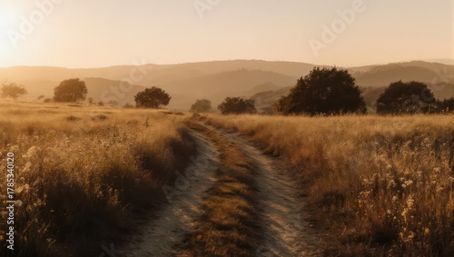 Dust road leading through a sunlit field to distant hills, a peaceful, warm landscape