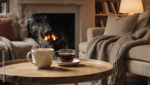 Cozy interior with steaming coffee, tea, fireplace, and blankets; inviting relaxation