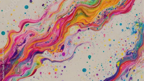 Swirling vibrant colors cascade across a light background, with scattered paint dots creating texture