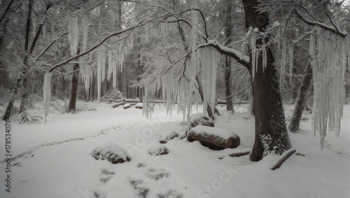 Winter scene of trees draped with long icicles, snow-covered ground