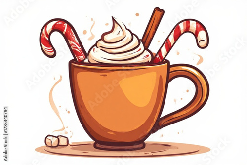 A cup of hot chocolate with whipped cream, candy canes, and cinnamon stick.