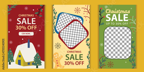Festive Christmas sale social media story templates featuring holiday-themed designs and promotional offers for seasonal marketing campaigns.