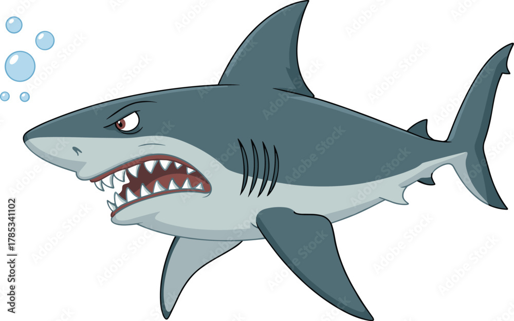 Obraz premium Cartoon shark character, aggressive expression, sharp teeth, red eyes, underwater scene, vector illustration, ocean predator, digital artwork, marine theme