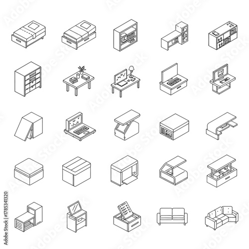 furniture icons isometric outline drawings of beds desks sofas and storage for interior design concepts and furniture store marketing material