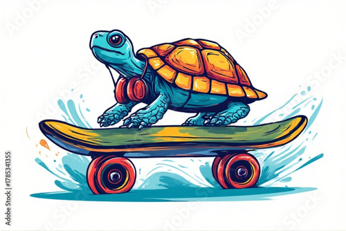 A cartoon turtle with headphones rides a skateboard, surrounded by splashes of water.