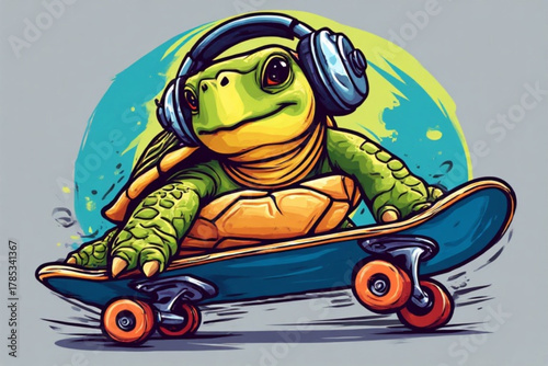 A cartoon turtle wearing headphones rides a skateboard against an abstract background.