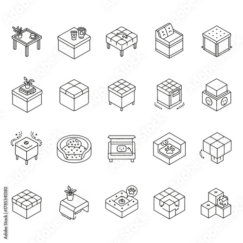 isometric furniture icons illustrating home decor elements including seating tables pet beds and storage perfect for interior design concepts