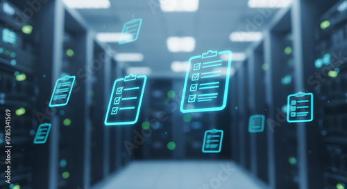 Data management and compliance concept with digital clipboard icons floating in a server room, symbolizing data protection, regulatory standards, and efficient information processing